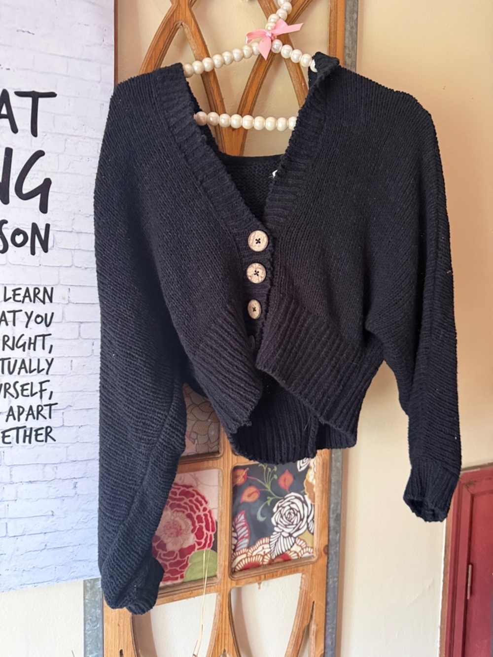 Free People Black V-Neck Cropped Button-Front Women’s Sweater